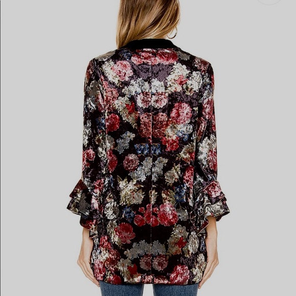 BCBG GENERATION BOHO FLORAL  RUFFLE SLEEVES VELVET CARDIGAN BLAZER - Picture 8 of 16